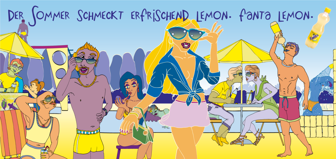 Sommerplakat Fanta – der Sommer schmeckt erfrischend lemon. Fanta Lemon.