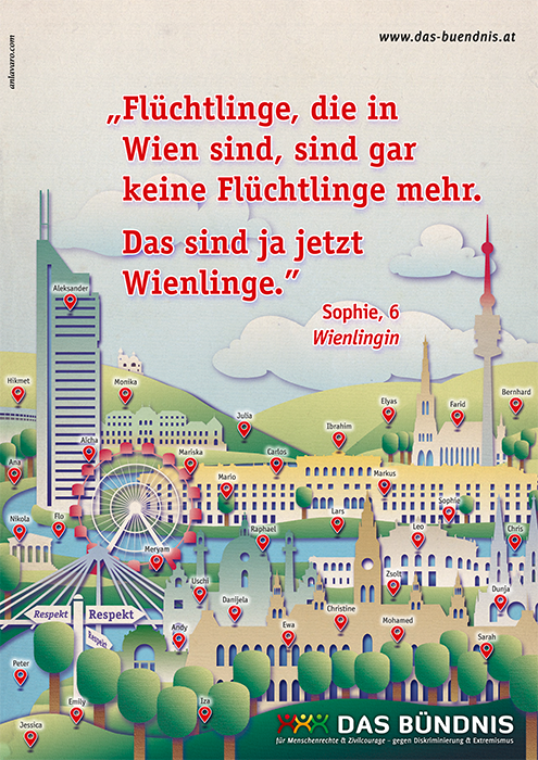 Plakat „Wienlinge“ für Bündnis gegen den Rechtsruck „Flüchtlinge, die in Wien sind, sind gar keine Flüchtlinge mehr. Das sind jetzt Wienlinge.“ Sophie, 6 Wienlingin