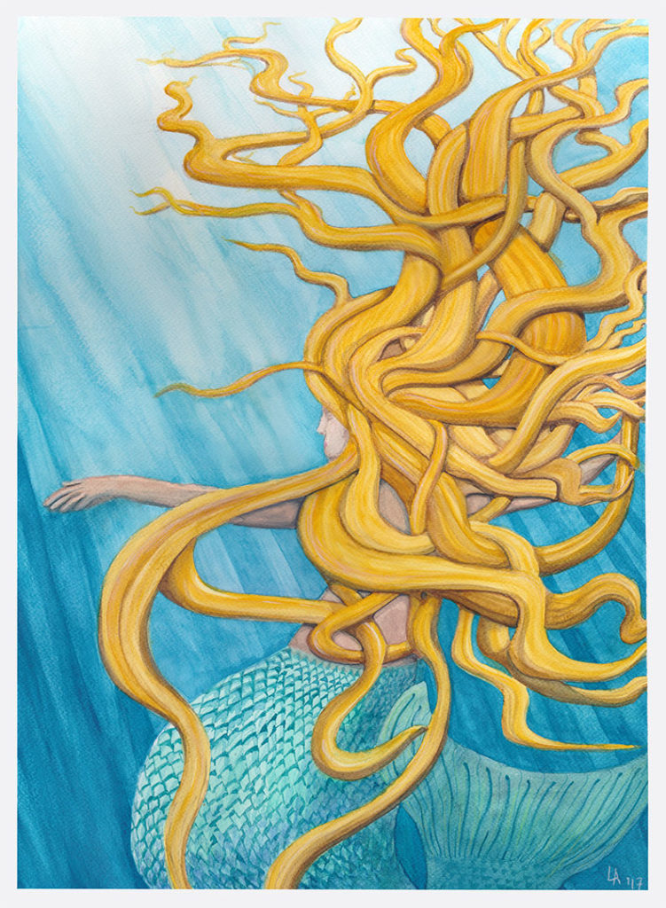 In der Sommerakademie (SOAK) auf der griechischen Insel Zakynthos habe ich 2017 zum ersten Mal mit Aquarell auf einem größeren Papierformat gearbeitet. 

Ich lies die Farben und den Stil dieser griechischen Insel in diesem Bild einer Meerjungfrau einfließen und experimentierte mit komplizierten Linien um das wassergefilterte Licht des Ionischen Meeres einzufangen.

Dieses Gemälde entwickelte sich über einen Zeitraum von einer Woche. Es war einfach unglaublich schön für mich, draußen unter großen Kiefern, in der Nähe einer alten Ruine mit dem Meer in der Ferne zu malen.