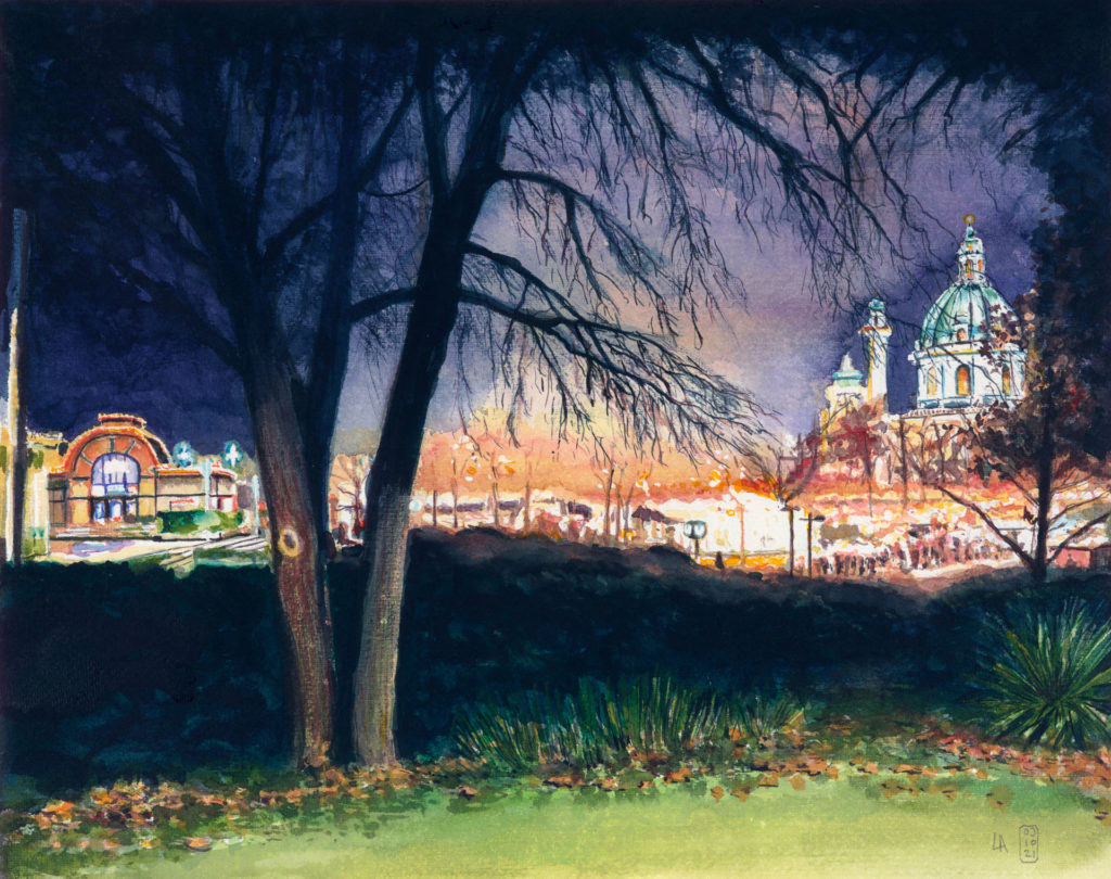 Adventmarkt Resselpark, Otto Wagner Pavillons, Karlsplatz & Karlskirche, Wien – 2021 | Aquarell, 41 x 32 cm