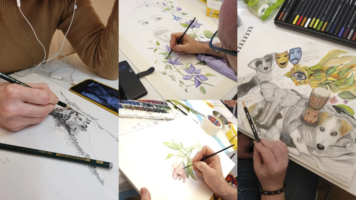 Kursteilnehmende beim Zeichnen und Malen im Kurs „Deinen einzigartigen Blick entdecken“ in Wien