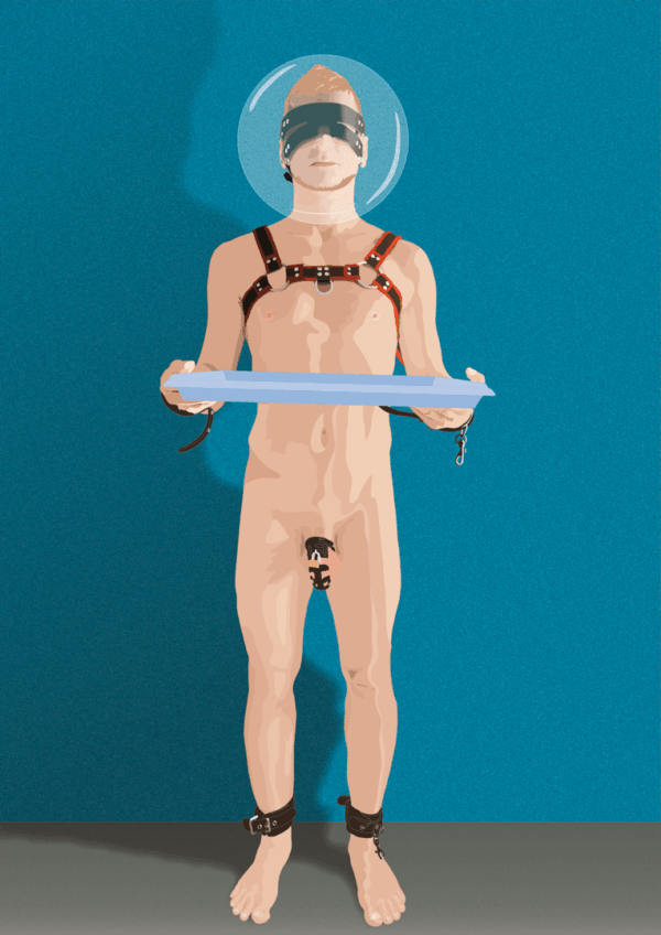 Digitales Kunstwerk: nackte, keusch gehaltene Figur mit blauem Helm auf hellblauem Hintergrund – Sublimiert (2024) von Lars van Roosendaal