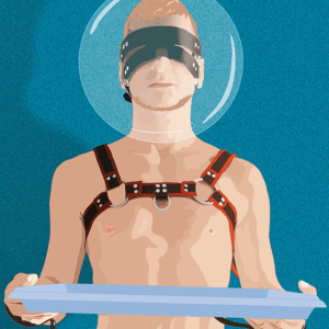 Detail Digitales Kunstwerk: nackte, keusch gehaltene Figur mit blauem Helm auf hellblauem Hintergrund – Sublimiert (2024) von Lars van Roosendaal
