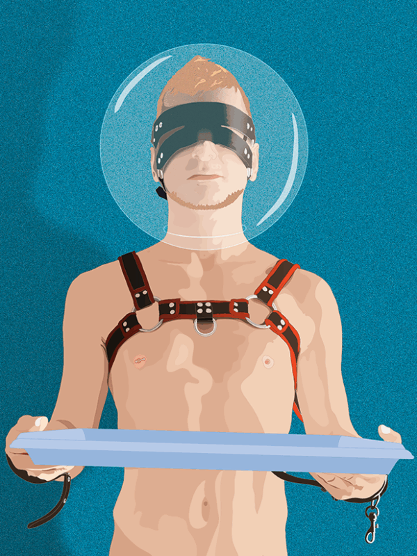 Detail Digitales Kunstwerk: nackte, keusch gehaltene Figur mit blauem Helm auf hellblauem Hintergrund – Sublimiert (2024) von Lars van Roosendaal