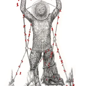 Lars van Roosendaal hat das Werk Erstarrt I 2024 mit Fineliner und Aquarell gezeichnet. Es zeigt eine Person mit erhobenen Armen, Teil seiner Serie über Isolation und HIV-bezogene Ängste.