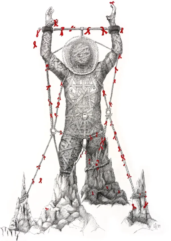 Lars van Roosendaal hat das Werk Erstarrt I 2024 mit Fineliner und Aquarell gezeichnet. Es zeigt eine Person mit erhobenen Armen, Teil seiner Serie über Isolation und HIV-bezogene Ängste.