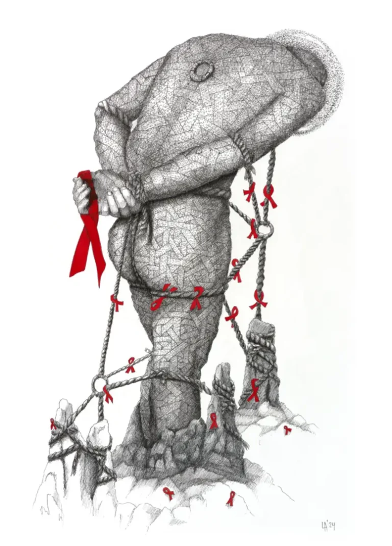 Nackte männliche Figur mit gesenktem Kopf hält eine übergroße rote AIDS-Schleife. Fineliner- und Aquarellzeichnung von Lars van Roosendaal aus der Serie Erstarrt über HIV, Isolation und Solidarität. Nude male figure with lowered head holding an oversized red AIDS ribbon. Fineliner and watercolor drawing by Lars van Roosendaal from the Petrified series about HIV, isolation, and solidarity.