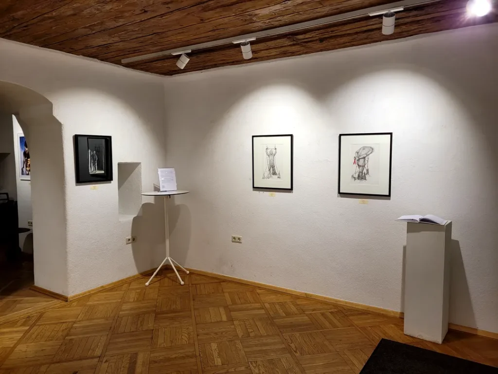 Ansicht der Ausstellung ‚I just want to be a good Boy!‘ von Lars van Roosendaal, gehängte Werke in der Galerie Himmelpfortgasse Wien