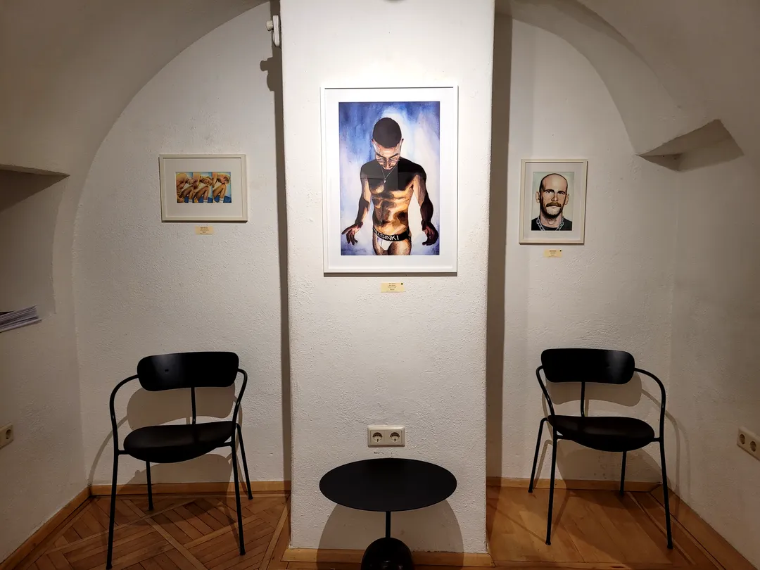 Ansicht der Ausstellung ‚I just want to be a good Boy!‘ von Lars van Roosendaal, gehängte Werke in der Galerie Himmelpfortgasse Wien