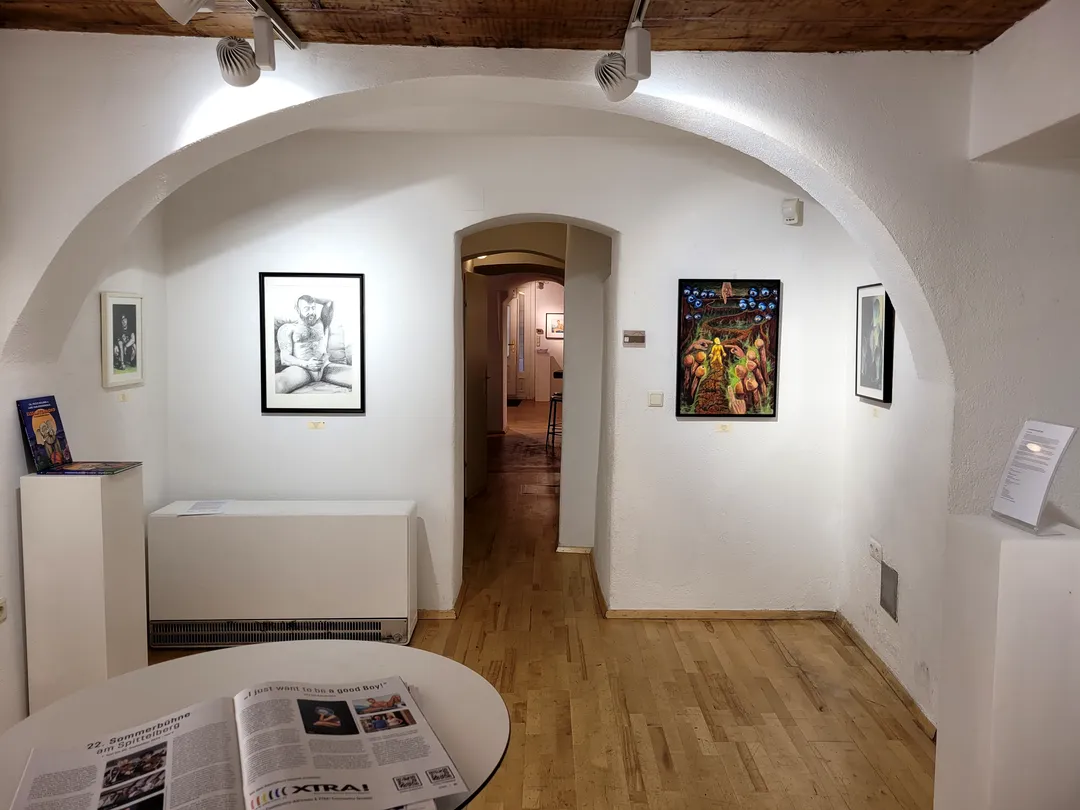 Ansicht der Ausstellung ‚I just want to be a good Boy!‘ von Lars van Roosendaal, gehängte Werke in der Galerie Himmelpfortgasse Wien