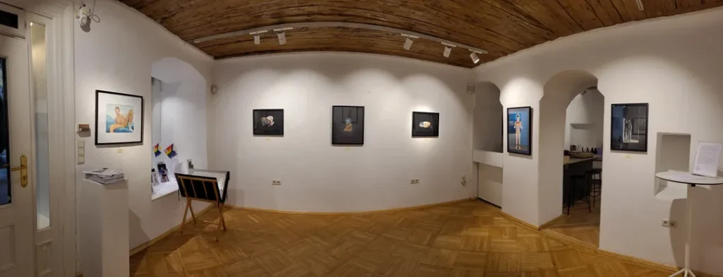 Ansicht der Ausstellung ‚I just want to be a good Boy!‘ von Lars van Roosendaal, gehängte Werke in der Galerie Himmelpfortgasse Wien