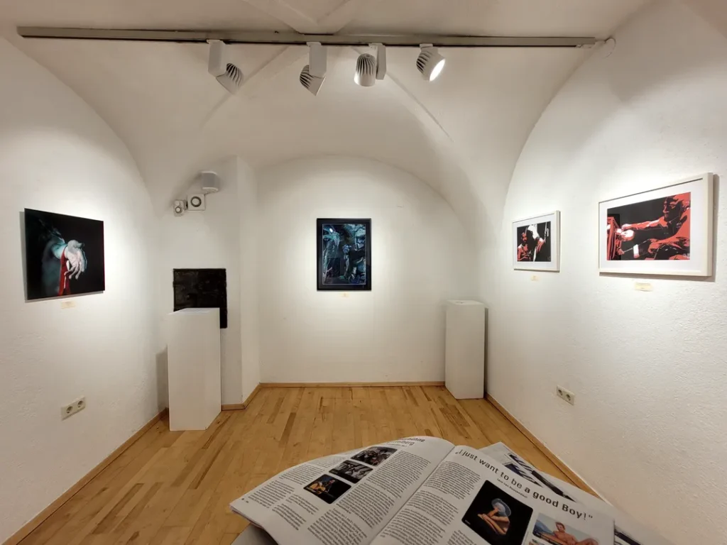 Ansicht der Ausstellung ‚I just want to be a good Boy!‘ von Lars van Roosendaal, gehängte Werke in der Galerie Himmelpfortgasse Wien