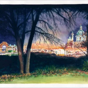 Lars van Roosendaal hat den Adventmarkt im Resselpark 2021 mit Aquarell gemalt. Das Bild zeigt bei Nacht den beleuchteten Markt, Otto Wagners Stadtbahn-Pavillon und die Kuppel der Karlskirche hinter dunklen Bäumen.