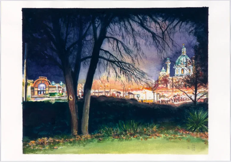 Lars van Roosendaal hat den Adventmarkt im Resselpark 2021 mit Aquarell gemalt. Das Bild zeigt bei Nacht den beleuchteten Markt, Otto Wagners Stadtbahn-Pavillon und die Kuppel der Karlskirche hinter dunklen Bäumen.