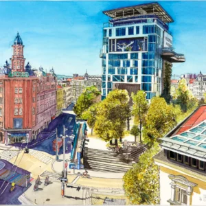 Lars van Roosendaal hat Apollo Kino, Esterházypark und Haus des Meeres 2021 mit Aquarell und Fineliner gemalt. Das Bild zeigt die Gumpendorfer Straße von oben mit Apollo Kino, Flakturm und einem Zebrastreifen in Regenbogenfarben.