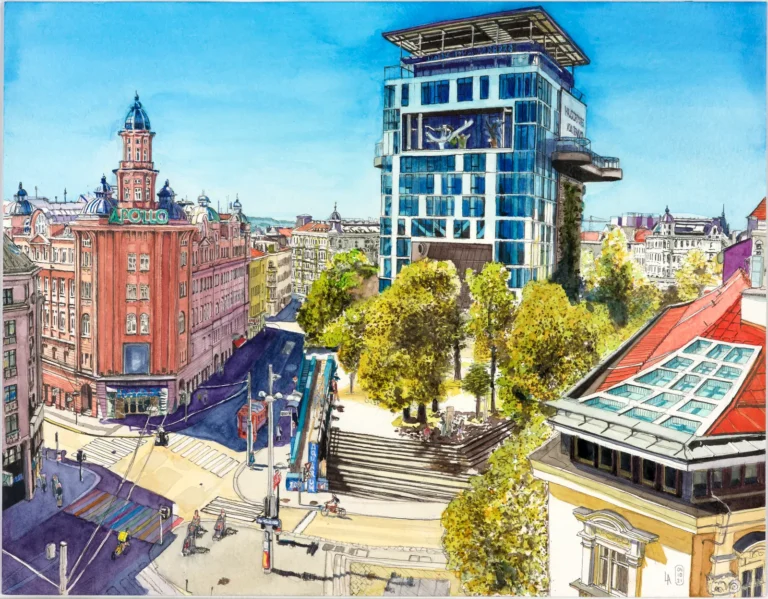 Lars van Roosendaal hat Apollo Kino, Esterházypark und Haus des Meeres 2021 mit Aquarell und Fineliner gemalt. Das Bild zeigt die Gumpendorfer Straße von oben mit Apollo Kino, Flakturm und einem Zebrastreifen in Regenbogenfarben.