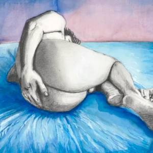 Lars van Roosendaal hat Asian Pride 2020 mit Graphitstiften und Aquarell gezeichnet. Das Bild zeigt einen nackten Mann, der sich auf einem blauen Laken zusammenrollt und sein Gesicht verbirgt.