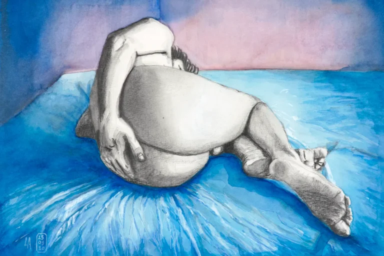 Lars van Roosendaal hat Asian Pride 2020 mit Graphitstiften und Aquarell gezeichnet. Das Bild zeigt einen nackten Mann, der sich auf einem blauen Laken zusammenrollt und sein Gesicht verbirgt.