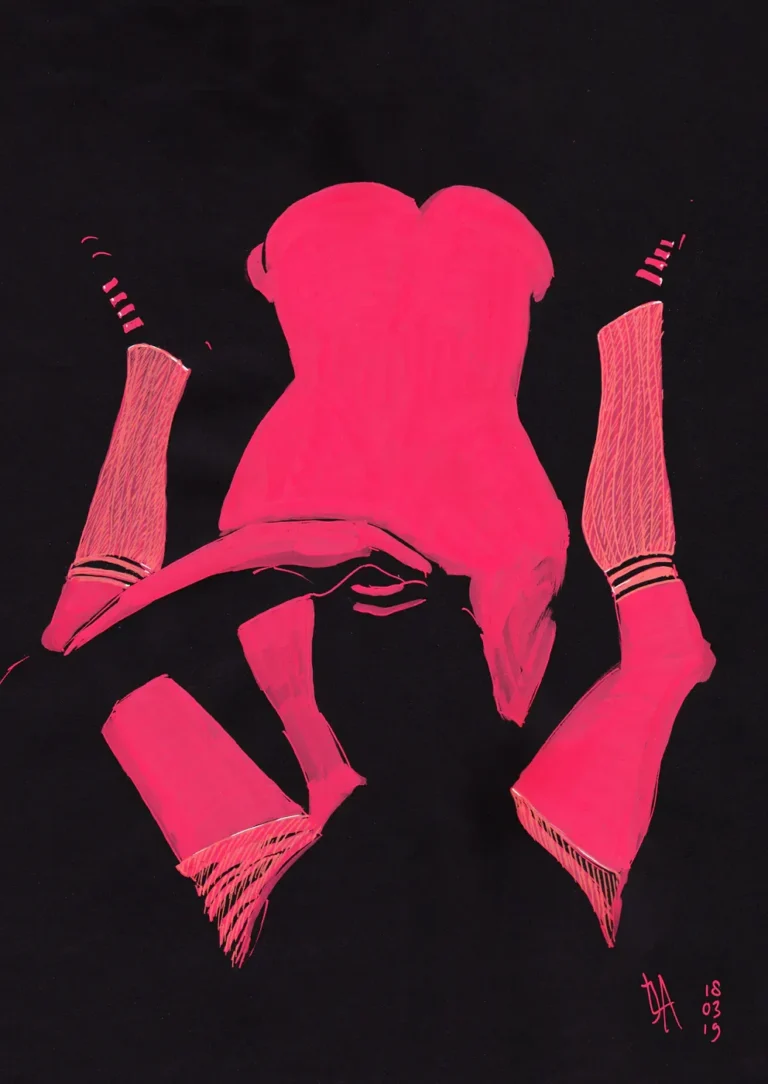 Lars van Roosendaal hat Braver Junge 2019 mit Farbmarker auf schwarzem Papier gezeichnet. Das Bild zeigt eine kniende, nach vorn gebeugte Männerfigur in leuchtendem Pink, von hinten gesehen.