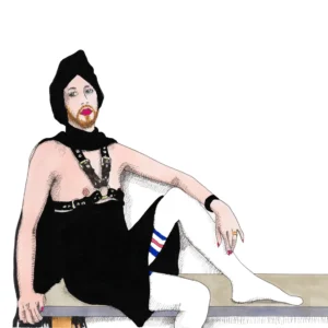Lars van Roosendaal hat Dom Drag II 2020 mit Fine Liner und Copic Marker gezeichnet. Das Bild zeigt eine bärtige Figur mit rotem Lippenstift, schwarzem Turban und Lederharness auf einer Bank.