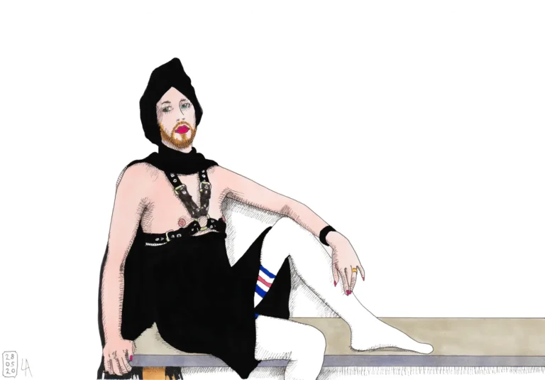 Lars van Roosendaal hat Dom Drag II 2020 mit Fine Liner und Copic Marker gezeichnet. Das Bild zeigt eine bärtige Figur mit rotem Lippenstift, schwarzem Turban und Lederharness auf einer Bank.
