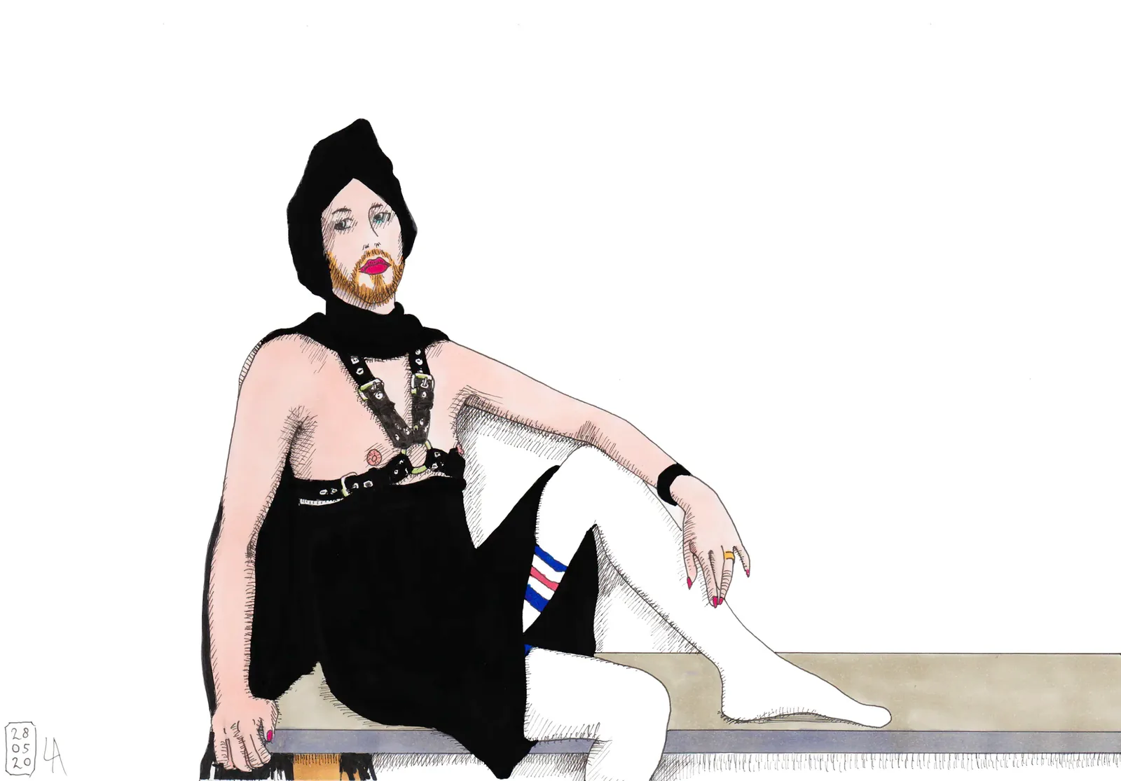 Lars van Roosendaal hat Dom Drag II 2020 mit Fine Liner und Copic Marker gezeichnet. Das Bild zeigt eine bärtige Figur mit rotem Lippenstift, schwarzem Turban und Lederharness auf einer Bank.