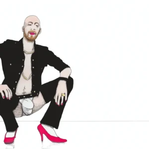 Lars van Roosendaal hat Dom Drag III 2020 mit Fine Liner und Copic Marker gezeichnet. Das Bild zeigt einen Mann mit Glatze, Bart und pinkem Lippenstift, der in pinken High Heels in der Hocke sitzt.