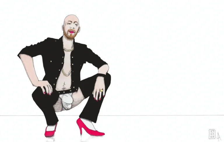 Lars van Roosendaal hat Dom Drag III 2020 mit Fine Liner und Copic Marker gezeichnet. Das Bild zeigt einen Mann mit Glatze, Bart und pinkem Lippenstift, der in pinken High Heels in der Hocke sitzt.