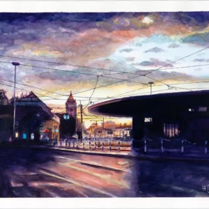 Lars van Roosendaal hat Hietzing 2021 mit Aquarell gemalt. Das Bild zeigt die Straßenbahnstation in Hietzing in der Abenddämmerung unter Oberleitungen und violett-orangem Himmel.