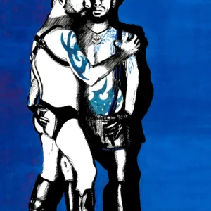 Lars van Roosendaal hat Joe & Thomas 2019 mit Tusche gezeichnet. Das Bild zeigt zwei Männer in Leder, die sich vor einer blauen Wand umarmen.