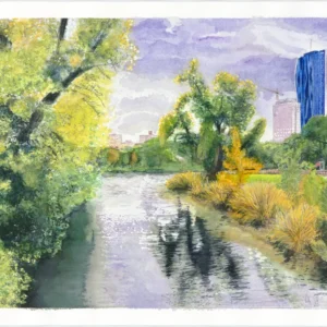 Lars van Roosendaal hat Kaiserwasser 2021 mit Aquarell gemalt. Das Bild zeigt das stille Kaiserwasser mit herbstlich gelben Bäumen, im Hintergrund der blaue DC Tower.
