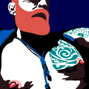 Lars van Roosendaal hat Nipple Pig Pride 2020 digital gemalt. Das Bild zeigt einen Mann mit rotem Bart, Tattoo und Brustwarzenpiercings aus der Untersicht.