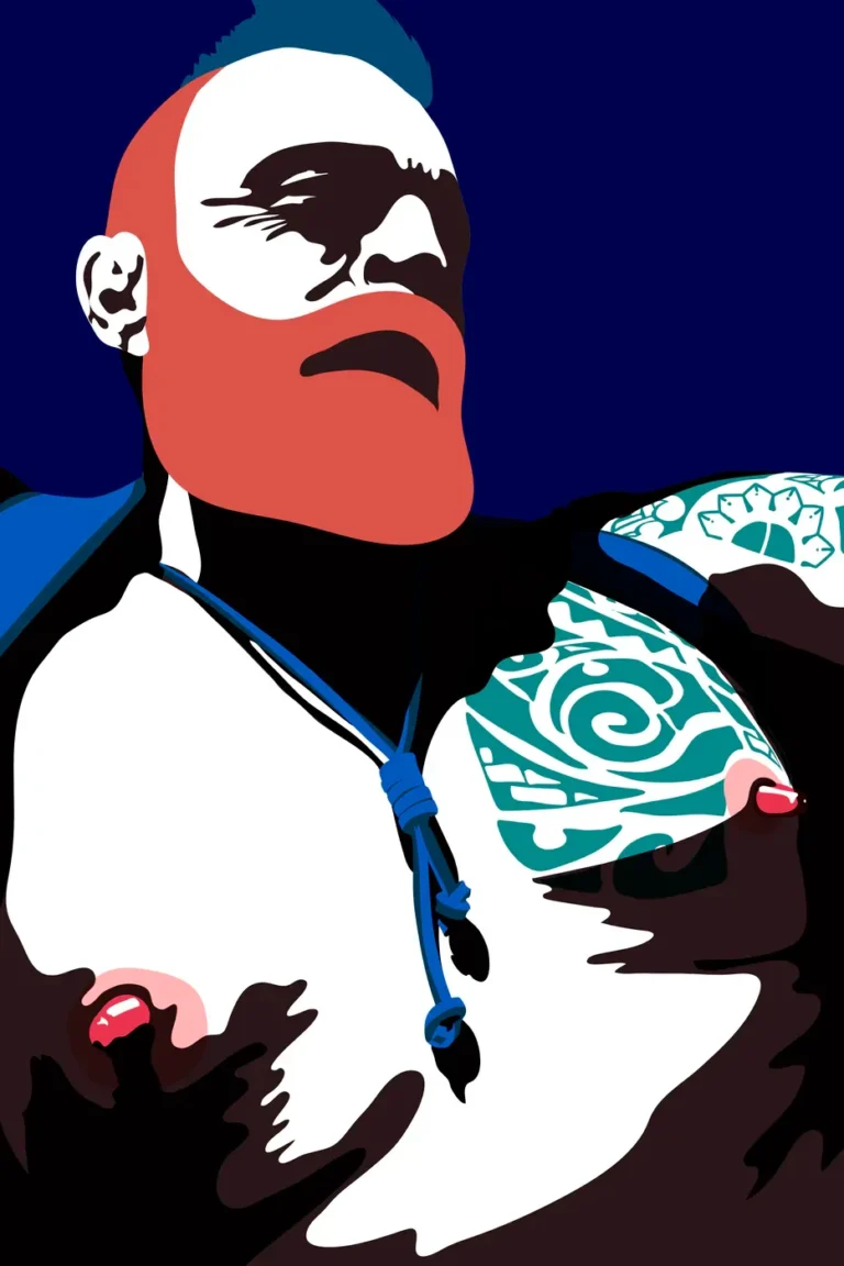 Lars van Roosendaal hat Nipple Pig Pride 2020 digital gemalt. Das Bild zeigt einen Mann mit rotem Bart, Tattoo und Brustwarzenpiercings aus der Untersicht.
