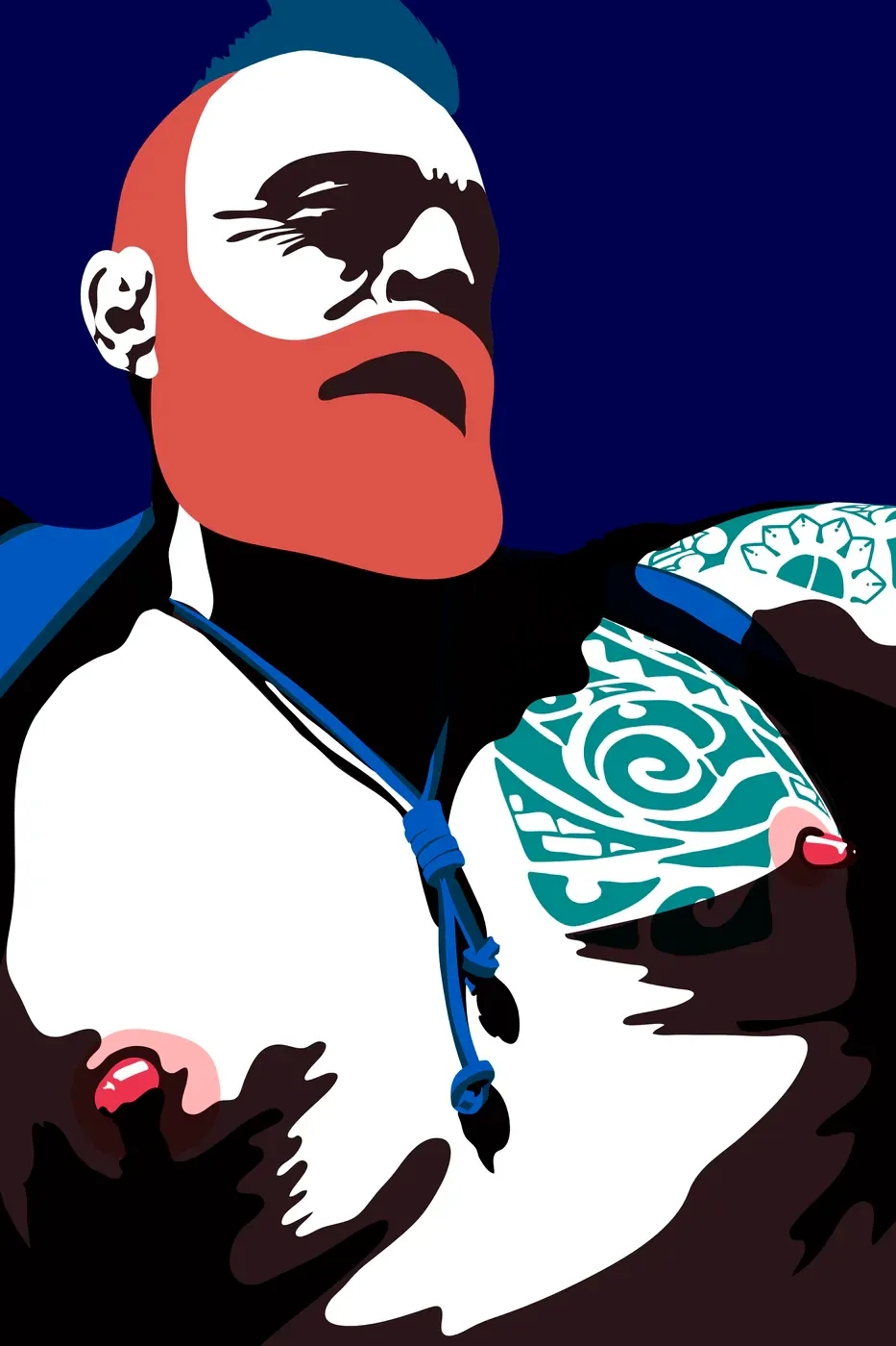 Lars van Roosendaal hat Nipple Pig Pride 2020 digital gemalt. Das Bild zeigt einen Mann mit rotem Bart, Tattoo und Brustwarzenpiercings aus der Untersicht.
