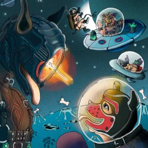 Lars van Roosendaal hat Puppies in Space 2020 digital gemalt. Das Bild zeigt Männer mit Hundemasken in Raumhelmen, fliegende Untertassen und schwebende Knochen im Weltall.