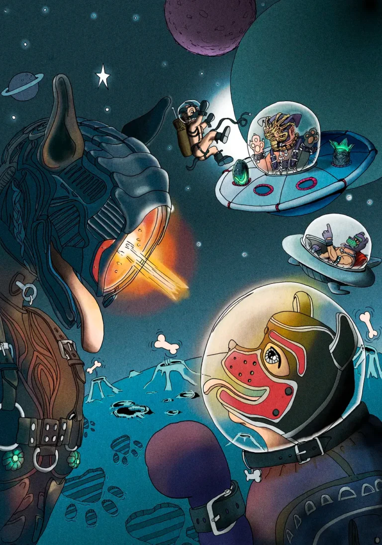 Lars van Roosendaal hat Puppies in Space 2020 digital gemalt. Das Bild zeigt Männer mit Hundemasken in Raumhelmen, fliegende Untertassen und schwebende Knochen im Weltall.