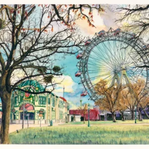 Lars van Roosendaal hat Riesenrad, Prater 2021 mit Aquarell und Fineliner gemalt. Das Bild zeigt das Wiener Riesenrad hinter kahlen Herbstbäumen mit Misteln, links der Eingang zum Prater.