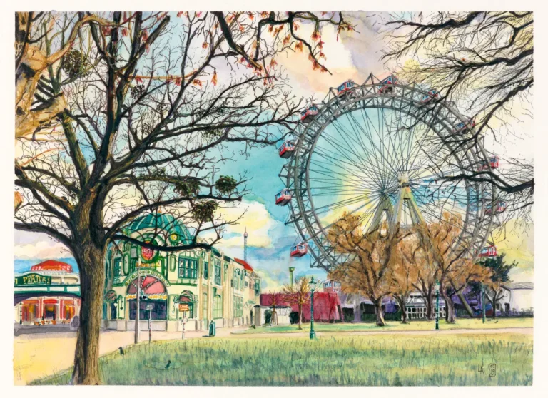Lars van Roosendaal hat Riesenrad, Prater 2021 mit Aquarell und Fineliner gemalt. Das Bild zeigt das Wiener Riesenrad hinter kahlen Herbstbäumen mit Misteln, links der Eingang zum Prater.