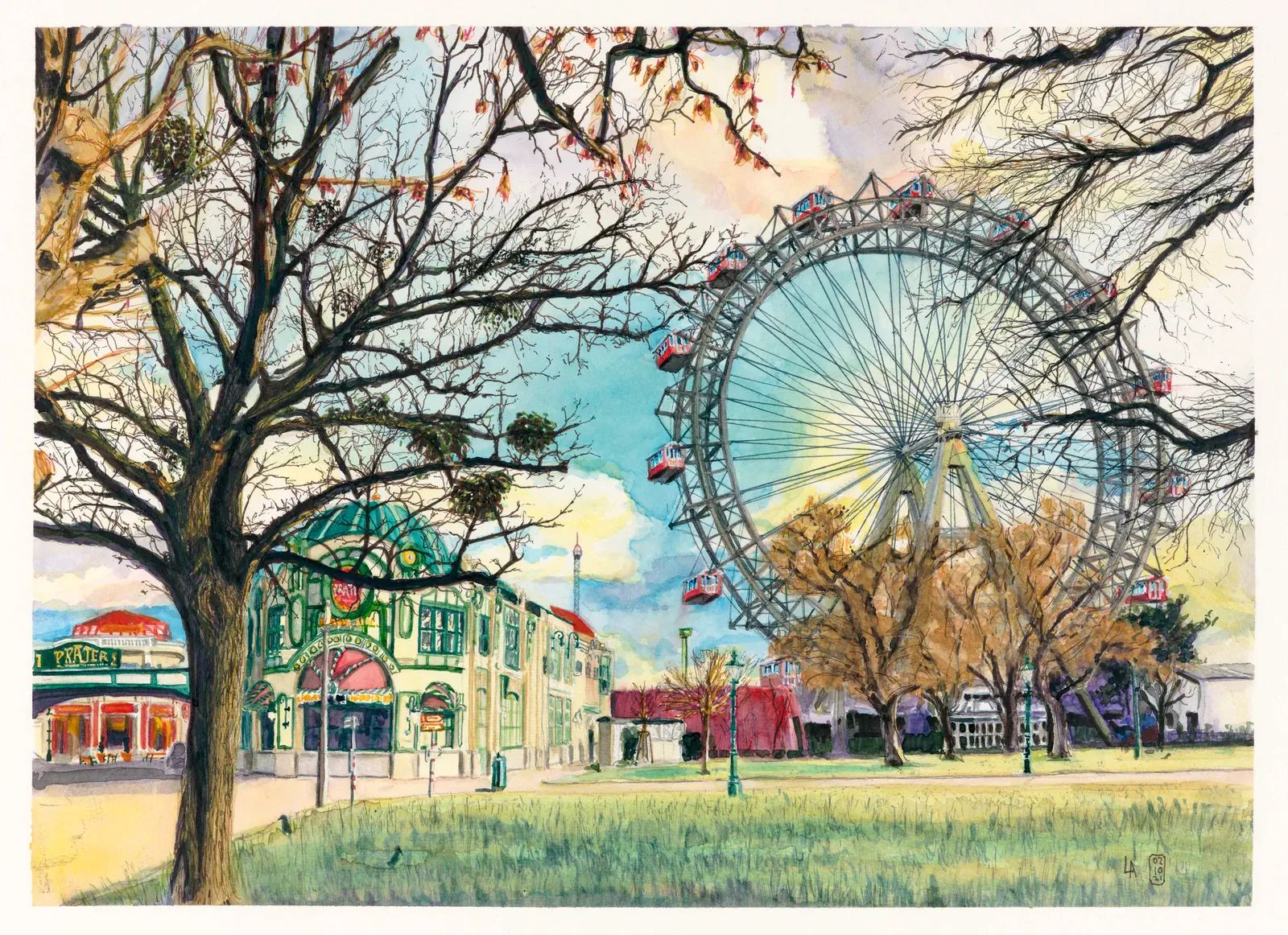 Lars van Roosendaal hat Riesenrad, Prater 2021 mit Aquarell und Fineliner gemalt. Das Bild zeigt das Wiener Riesenrad hinter kahlen Herbstbäumen mit Misteln, links der Eingang zum Prater.