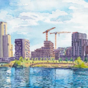 Lars van Roosendaal hat Seestadt Aspern 2019 mit Aquarell gemalt. Das Bild zeigt neue Hochhäuser und zwei Baukräne am Ufer des Sees in der Seestadt Aspern.