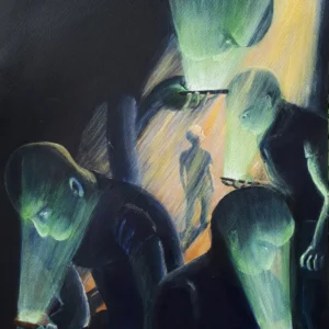 Lars van Roosendaal hat Verbindung 2018 mit Acryl gemalt. Das Bild zeigt fünf Männer, die sich über ihre Smartphones beugen, im Hintergrund geht eine Figur ins warme Licht.