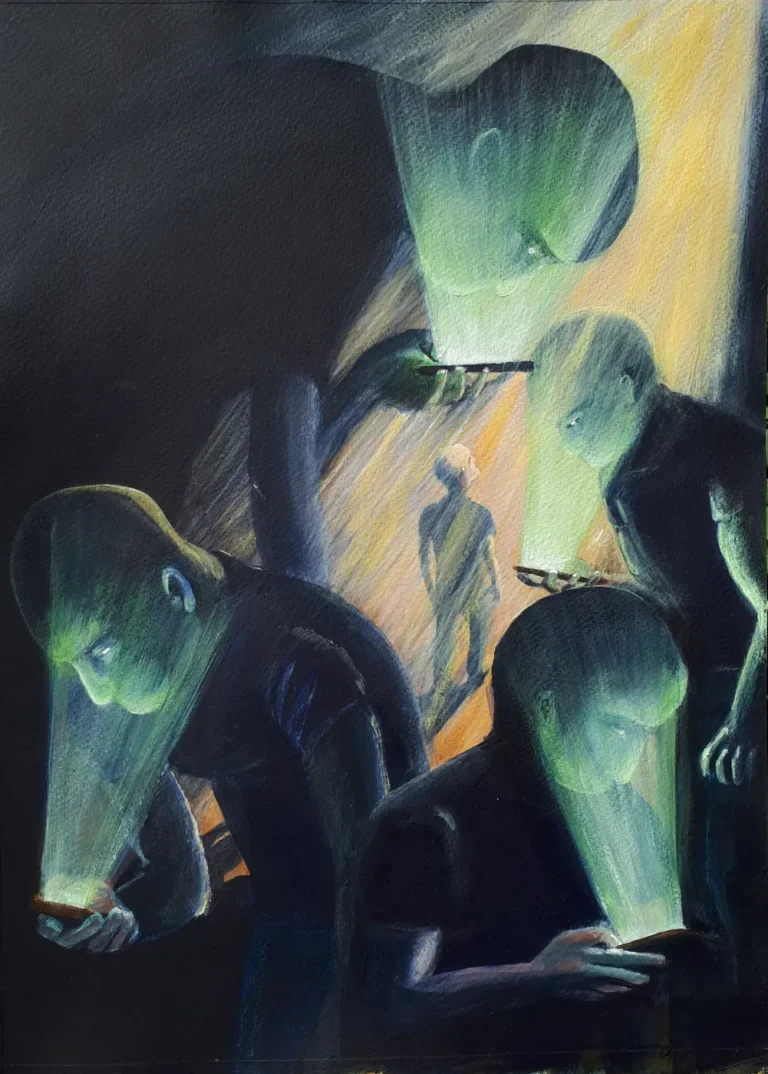 Lars van Roosendaal hat Verbindung 2018 mit Acryl gemalt. Das Bild zeigt fünf Männer, die sich über ihre Smartphones beugen, im Hintergrund geht eine Figur ins warme Licht.