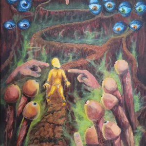 Lars van Roosendaal hat Verurteilung 2017 mit Acryl auf Leinwand gemalt. Das Bild zeigt einen goldenen, gefesselten jungen Mann in einer Höllenlandschaft voller Augen, zeigender Finger und phallischer Morcheln.