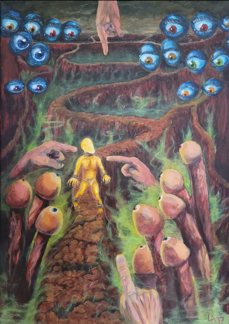 Lars van Roosendaal hat Verurteilung 2017 mit Acryl auf Leinwand gemalt. Das Bild zeigt einen goldenen, gefesselten jungen Mann in einer Höllenlandschaft voller Augen, zeigender Finger und phallischer Morcheln.